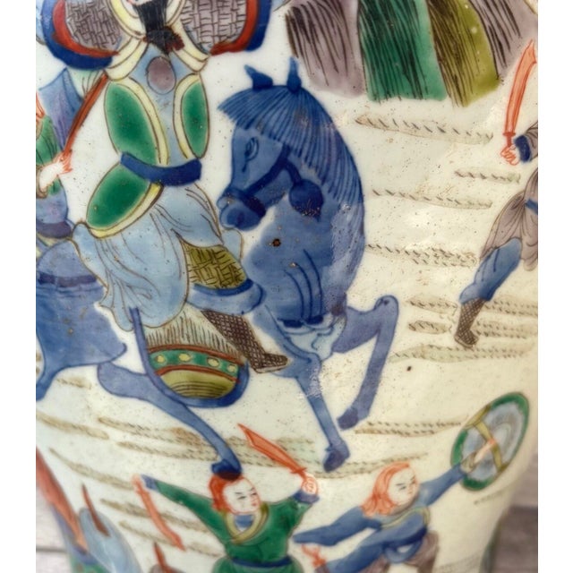 Antique 19th Century Chinese Qing Wucai Transitional Style Porcelain Vase or Jar Decorated With Warriors and Horses For Sale In New York - Image 6 of 12