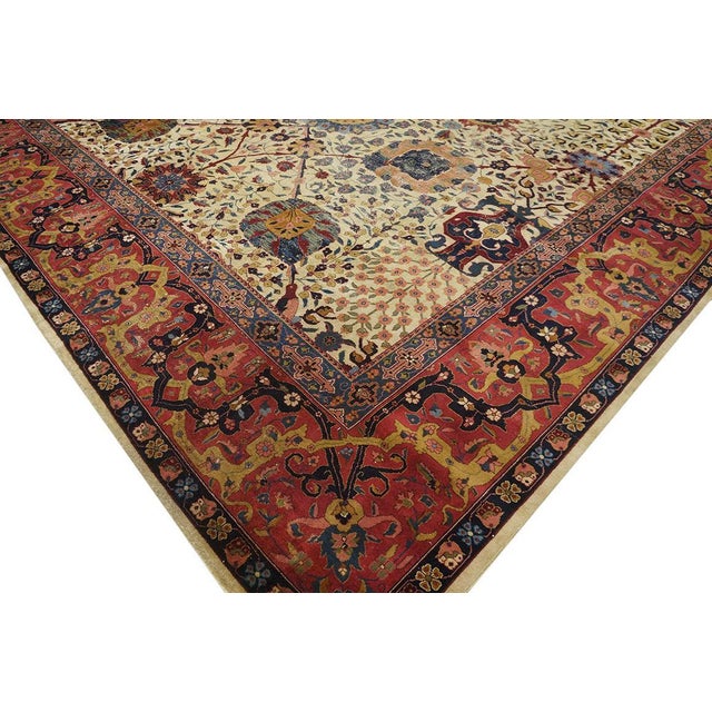 Ivory 1900s Ivory Floral Traditional Antique Indian Lahore Rug 11' X 18'10'' Handknotted Wool Carpet For Sale - Image 8 of 9