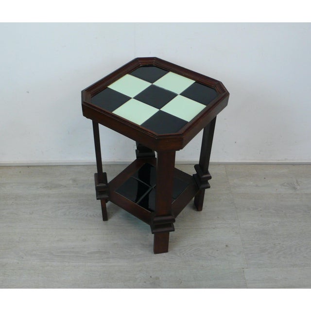 Art Deco Side Table in Nutwood with Ceramic Tiles in Black and Mint, 1890s For Sale - Image 5 of 5