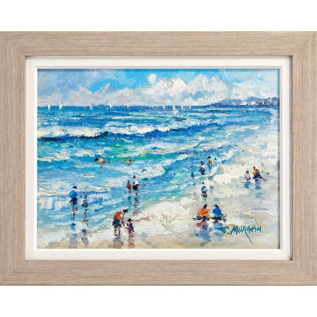 Sunlit Beach Day – Original Coastal Oil Painting by J. Morgan, Framed 20" X 15.5" For Sale