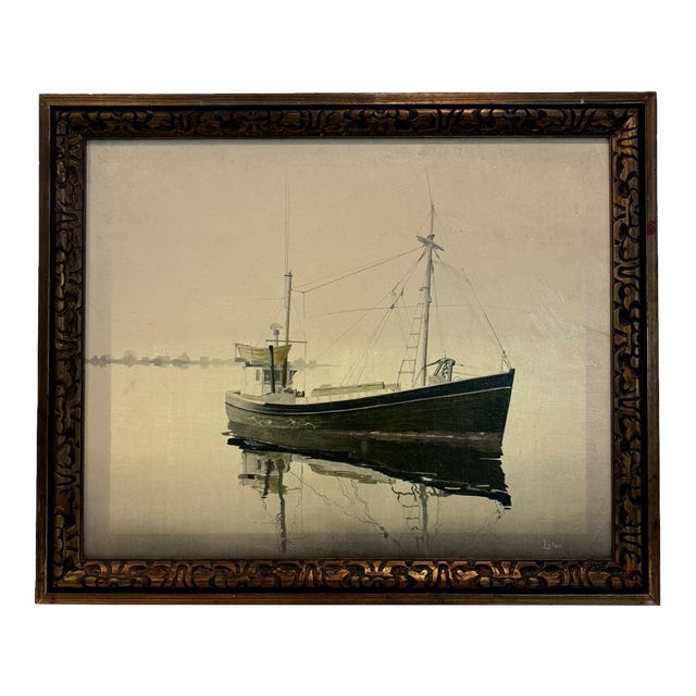 Vintage Oil Painting of Nantucket Fishing Boat on Calm Water by Lytas For Sale