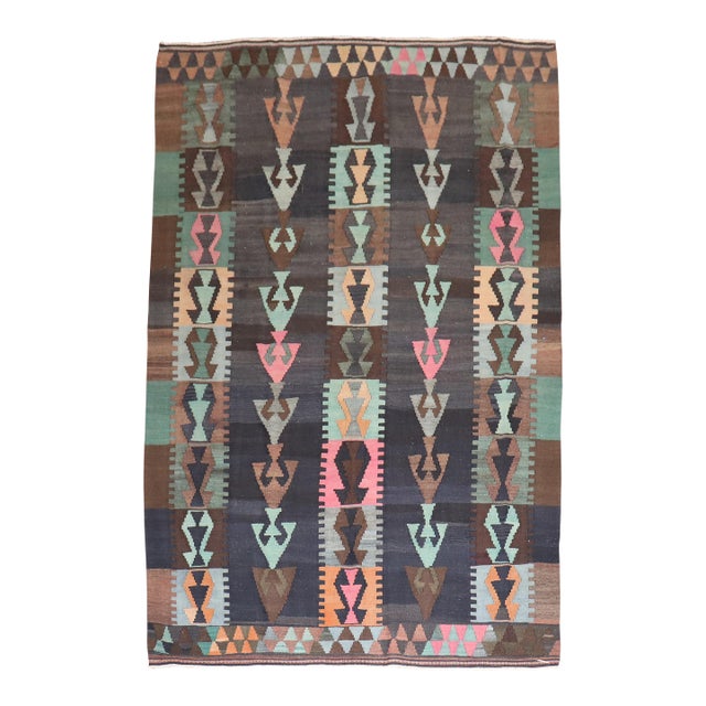 Tribal Bohemian Vintage Turkish Kilim Flat-Weave - 6'4" x 9'5" For Sale