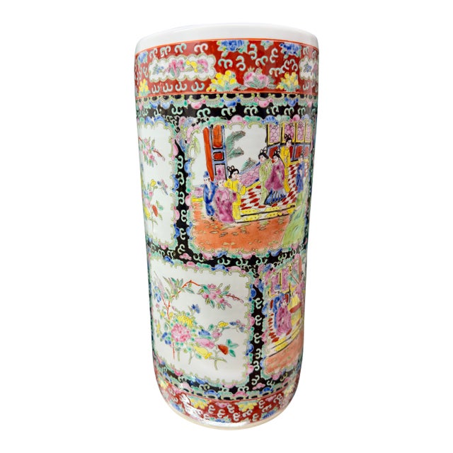 Monumental 1970s Black Ground Famille Rose Porcelain Umbrella Stand - Tony Duquette Style For Sale