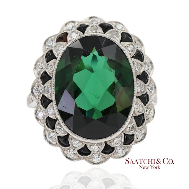 Vintage Platinum 950 Milgrain Natural Diamond and Tourmaline Ring, Size 7 For Sale In New York - Image 6 of 12