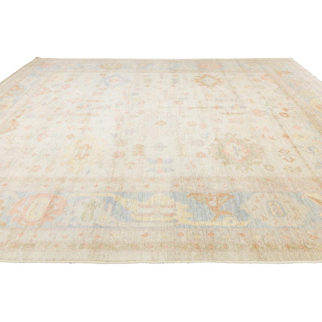 Sky Blue Modern Oushak Style Pastel Geometric Handmade Wool Rug 12x15 For Sale - Image 8 of 11