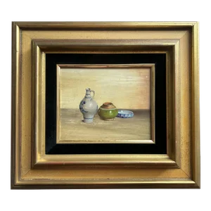 Vintage Oil Painting on Board Still Life of Stoneware Pottery in Gold Frame