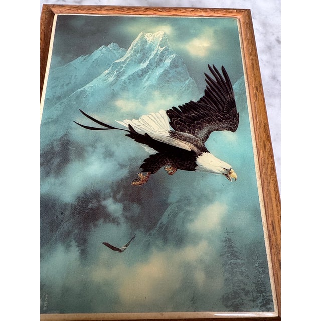 Solid Wood Jewelry Box With Bald Eagle Tile Top, Signed by Artist Ted Blaylock, 1986, Red Felt Interior For Sale - Image 9 of 9
