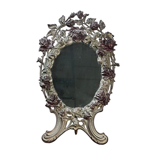 Antique Art Nouveau Silvered Cast Brass Rose Vanity Dressing Mirror, Dated 1909 For Sale In Boston - Image 6 of 10
