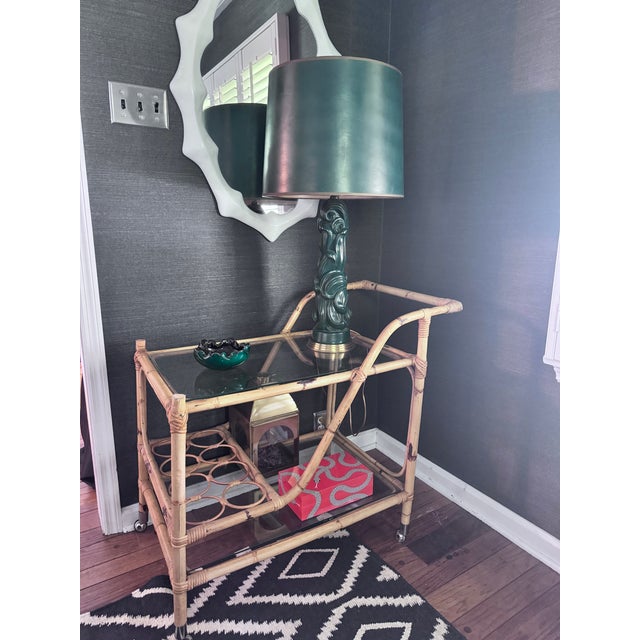 Wood Coastal Mid Century Modern Bamboo Rattan Bar Cart For Sale - Image 7 of 11