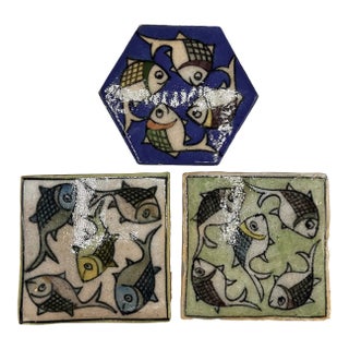 Vintage Persian Swimming Fish Tiles 4" X 4" - Set of 3 For Sale