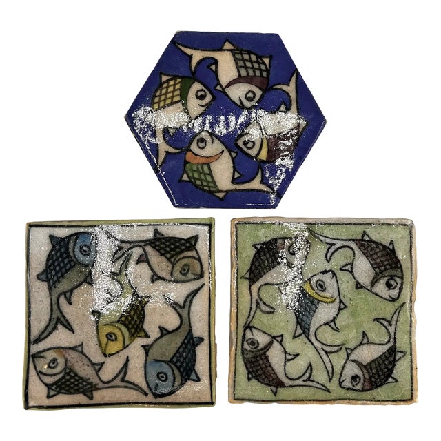 Vintage Persian Swimming Fish Tiles 4" X 4" - Set of 3 For Sale