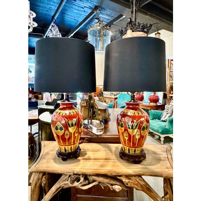 Mid 20th Century Art Deco Table Lamps With Egyptian Motifs, Hand-Painted Porcelain shades not included- a Pair For Sale - Image 13 of 13