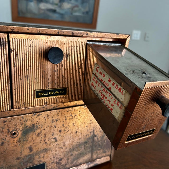 1950s Krestline Mid Century Modern Distressed Metal Bread Box Storage Drawers Shelf Coffee Bar For Sale In Philadelphia - Image 6 of 9