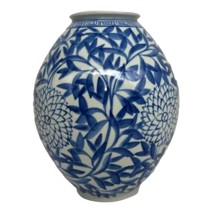 Vintage Japanese Blue and White Floral Bamboo Decorated Vase