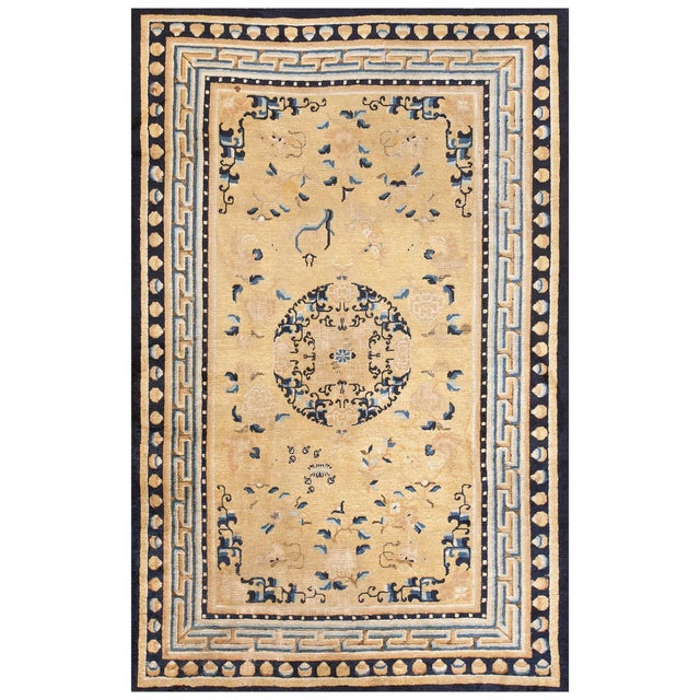 1750s Light Yellow Medallion Antique Chinese Ningxia Rug 5' 4"x 8' 6" Knotted Wool Carpet For Sale - Image 9 of 9