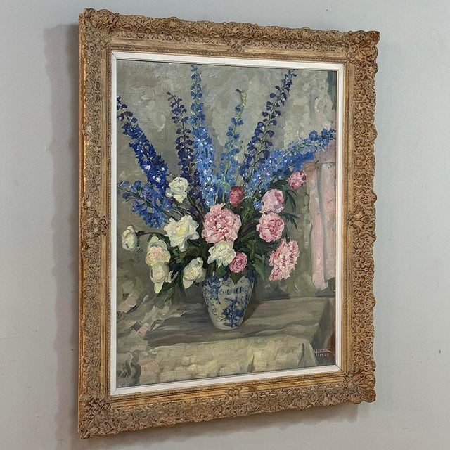 Antique Framed Oil Painting on Canvas by Lucien Hock (1899-1972), Floral Still Life in Delft Pot, Dated 1949 For Sale In Dallas - Image 6 of 17