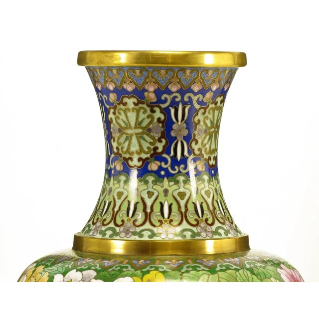 Jingfa Colorful Chinese Jingfa Cloisonné Vases With Carved Mahogany Bases - a Pair For Sale - Image 4 of 11