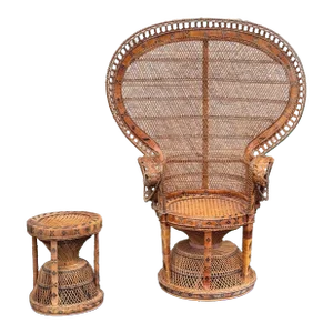 Mid 20th Century Wicker Rattan Peacock Fan Back Lounge Chair With Ottoman - Set of 2