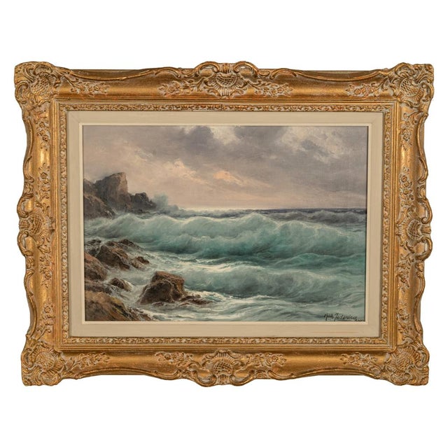 Blue Antique Italian Oil on Canvas Painting Seascape Coastline Isle of Capri Italy by Cavalier Michele Federico, 1925 For Sale - Image 8 of 13