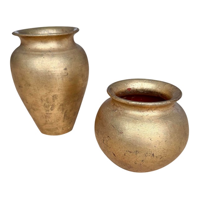 Set of 2, Vintage Neoclassical Gold Leaf Terracotta Vases – Made in Italy For Sale