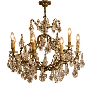 Large French Crystal and Gilt Bronze Chandelier, 1950s For Sale
