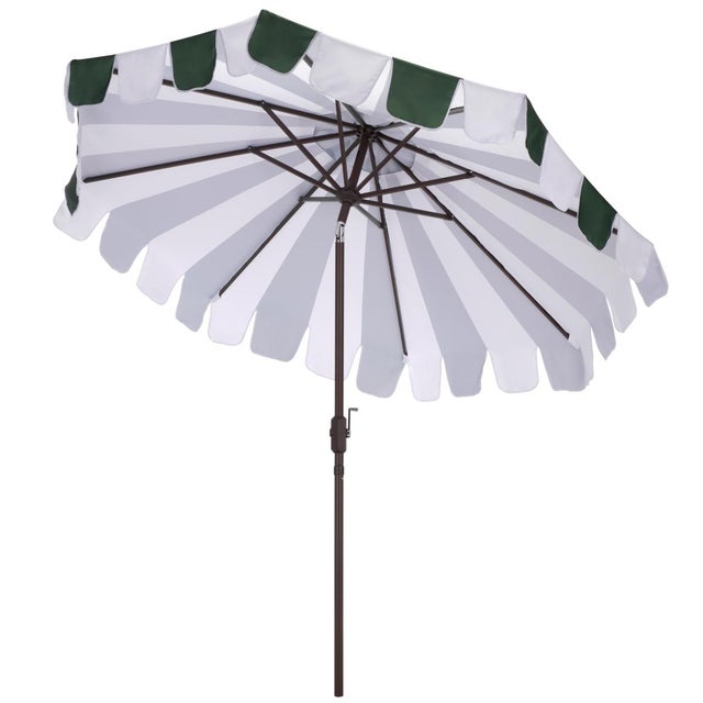 Metal Meze 9 Ft Crank Umbrella, Green Cabana Stripe/Brown Pole For Sale - Image 7 of 9