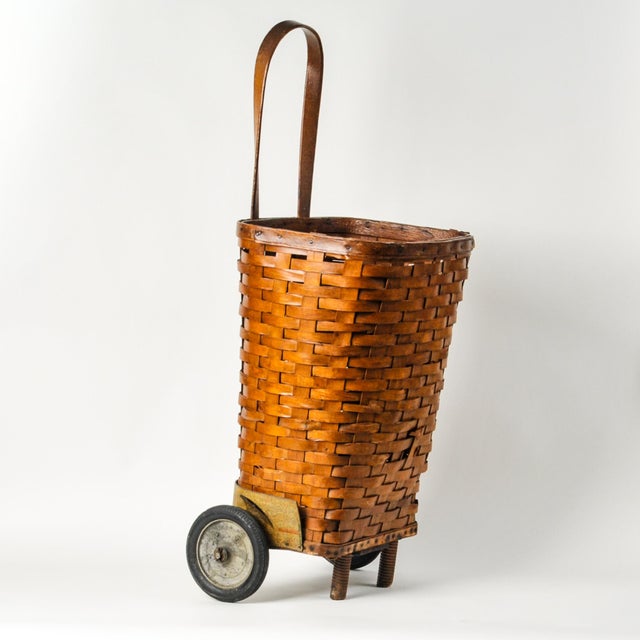 French Country 1950s Splint Wood Rolling Market Basket Cart For Sale - Image 3 of 16