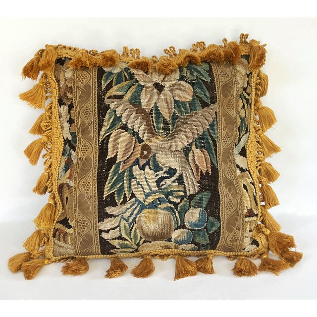 Goldenrod Antique 18th Century French Aubusson Tapestry 18" Square Pillows W/Lovely 2"Tassels, Birds and Florals For Sale - Image 8 of 14