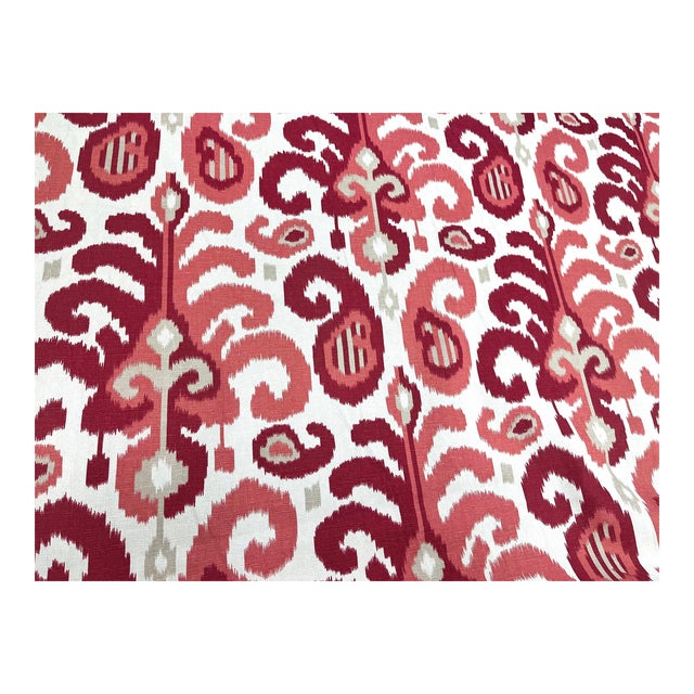 Duralee Rasul Printed Cotton Ikat Cream Coral Red Taupe Upholstery Drapery Fabric in Berry For Sale