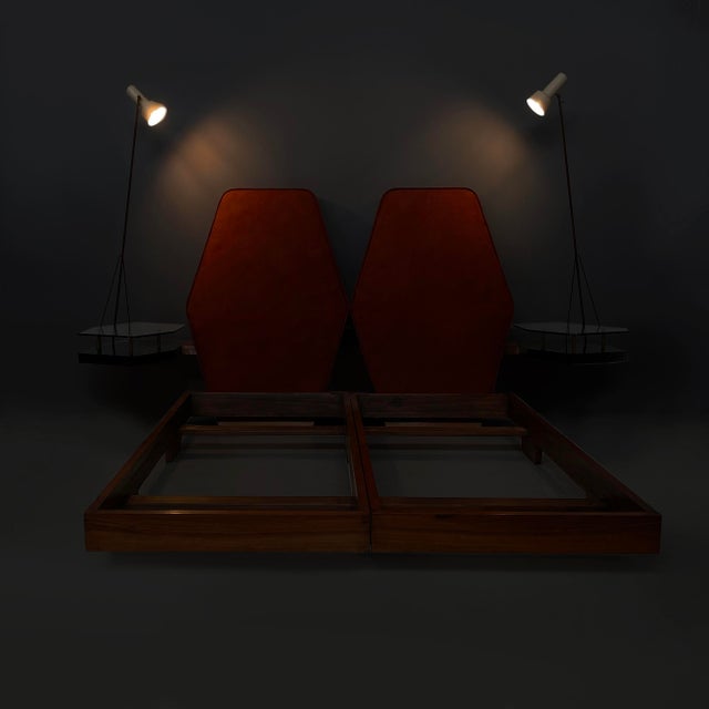 Italian mid-century modern bed with bedside tables and lamps by Arredamenti Dell'Orso, 1950s Double bed with rectangular...