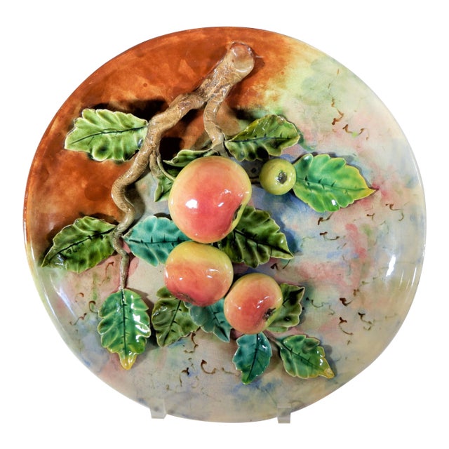 Antique Majolica French Barbotine Palissy Charger/Plate Apples 13” For Sale