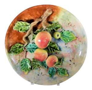Antique Majolica French Barbotine Palissy Charger/Plate Apples 13”
