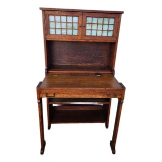 Antique Mission Style Wood Secretary Desk Hutch Stained Glass For Sale