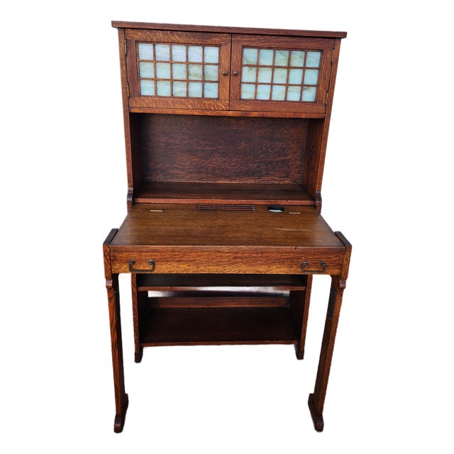 Antique Mission Style Wood Secretary Desk Hutch Stained Glass For Sale