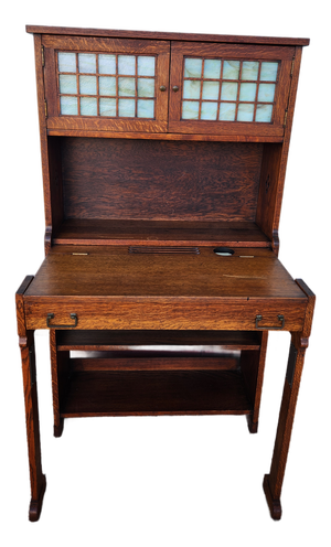 Antique Mission Style Wood Secretary Desk Hutch Stained Glass