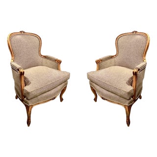 Pair Carved French Louis XV Bergeres, Early 20th Century For Sale