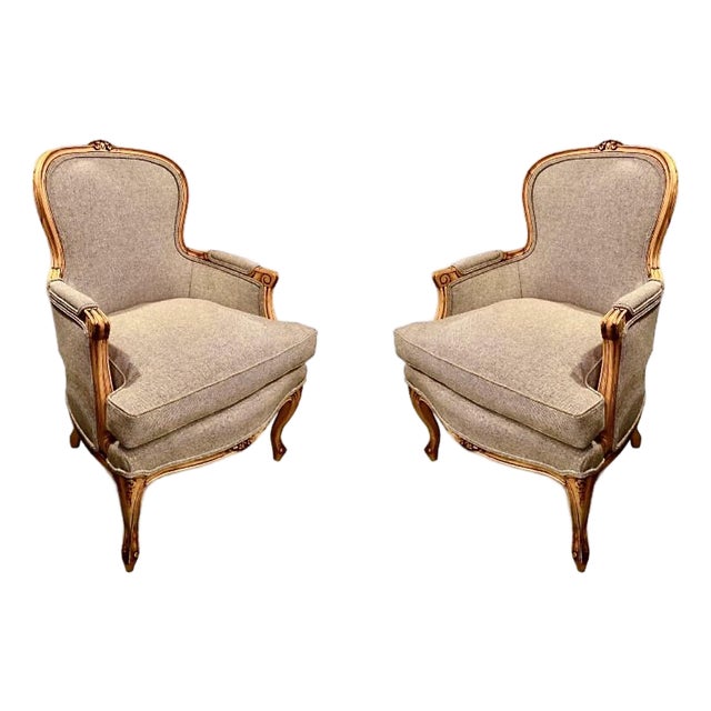 Pair Carved French Louis XV Bergeres, Early 20th Century For Sale
