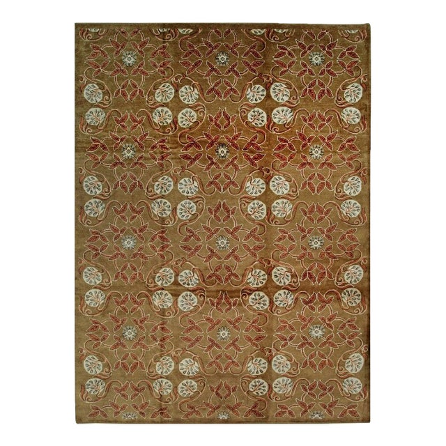 9x12 Brown Hand-Knotted Wool Floral Trellis Motif European Modern Carpet Rug For Sale
