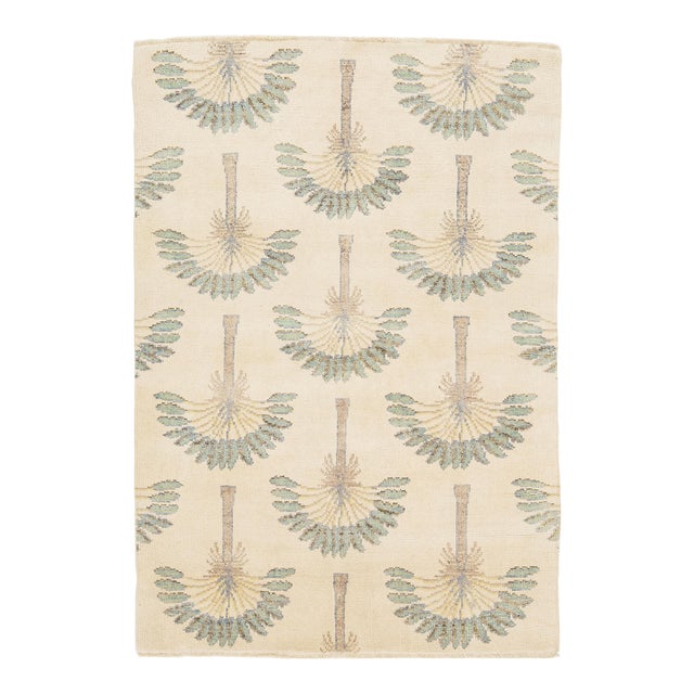 Art Deco Modern Fan Palm Hand-Knotted Wool Area Rug 4x6 For Sale