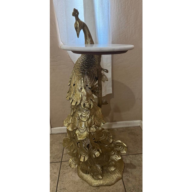 Metal Gold Finish Peacock Side Table Marble Top For Sale - Image 7 of 12