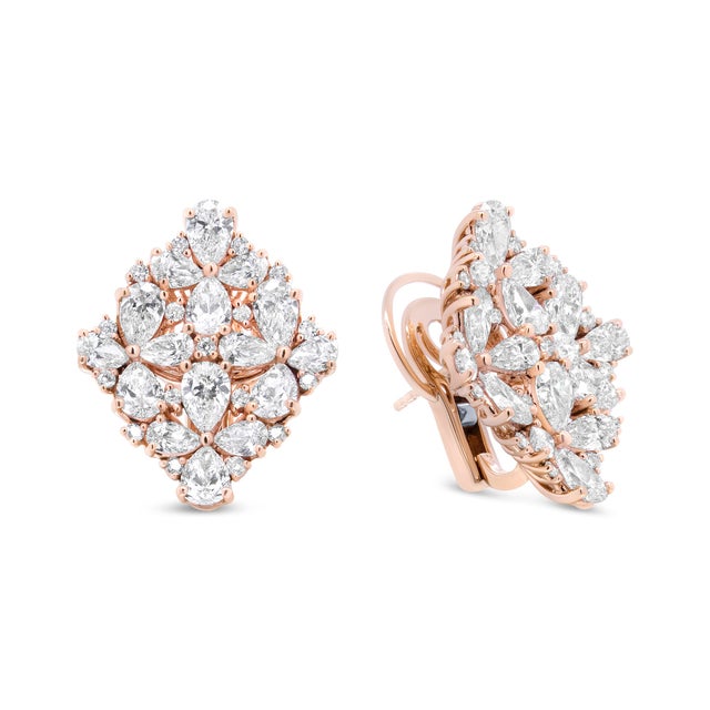 Contemporary 18K Rose Gold 8 1/3 Cttw Pear and Round Diamond Floral Cluster Omega Earrings (F-G Color, VS1-VS2 Clarity) For Sale - Image 3 of 7