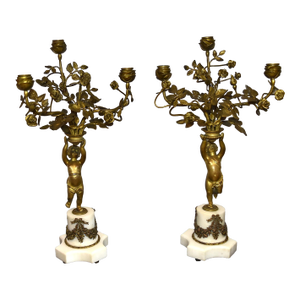 French 19Th Century Louis XVI Style Gilt and Bronze Mounted Cherub Candelabras on White Marble Stands