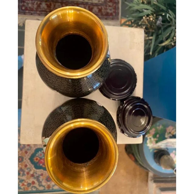 Pair of Late 20th Century Black Cloisonné Vases With Pink Roses For Sale - Image 11 of 12