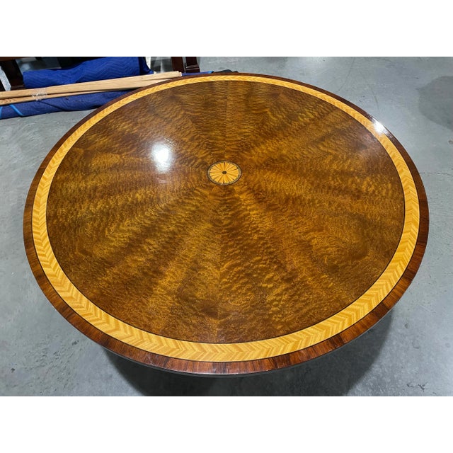Neoclassical Mid 20th Century John Widdicomb Round Sunburst Banded Mahogany Dining Table by Mario Buatta For Sale - Image 3 of 8