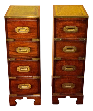 Military Apothecary Bedside Tables with Drawers and Leather Tops, 1850s, Set of 2