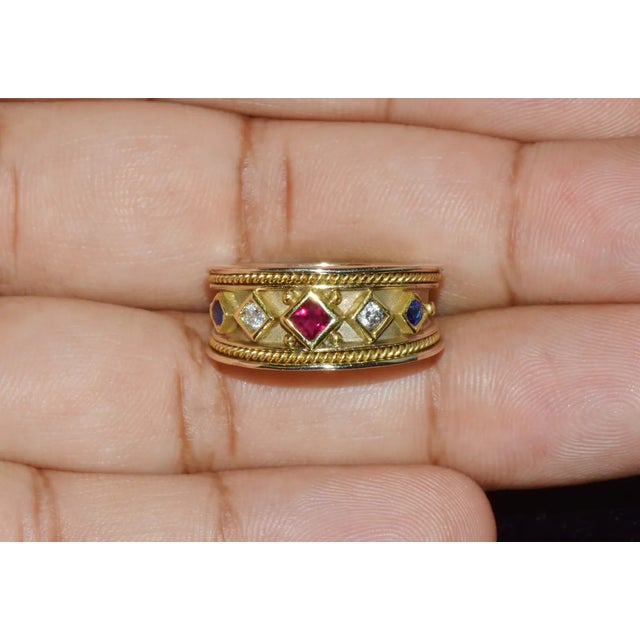 Gorgeous Natural Diamond Ruby Sapphire 18K 750 Solid Gold Byzantine Beaded Greek Ring Band, size 6.5 For Sale In Dallas - Image 6 of 10
