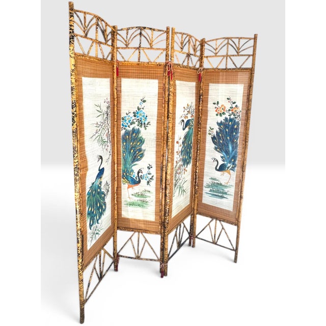 Mid-Century Hand Painted Peacocks Folding Room Divider Screen Tortoise Finish Bamboo. Bohemian, Tiki, Eclectic, Asian Style. For Sale - Image 9 of 16