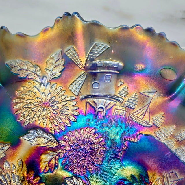 Glass Classic Period Imperial Amethyst Carnival Glass Windmill Footed Bowl For Sale - Image 7 of 9