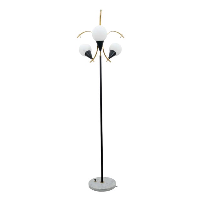 Mid-Century Modern Floor Lamp in Brass and Opaline Glass from Stilnovo, Italy, 1950s For Sale