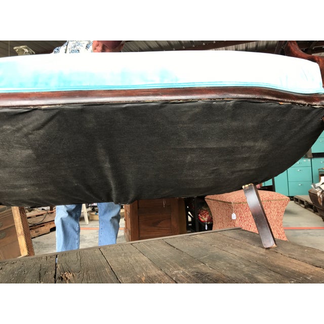 Wood 1940s Mahogany Cherub Carved Love Seat Mint Velvet Haute House Fabric For Sale - Image 7 of 9